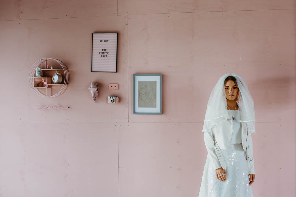 Bride Bridal Top Skirt Sequins Pink Wall Veil Giraffe Shed Wedding When Charlie Met Hannah