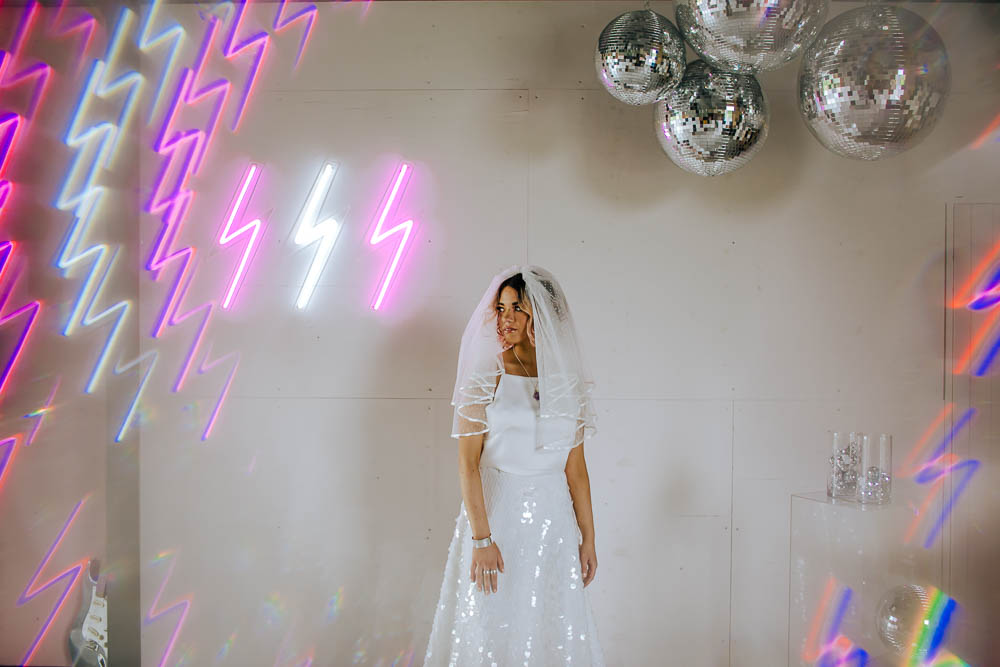 Bride Bridal Top Skirt Sequins Veil Lighting Neon Sign Giraffe Shed Wedding When Charlie Met Hannah