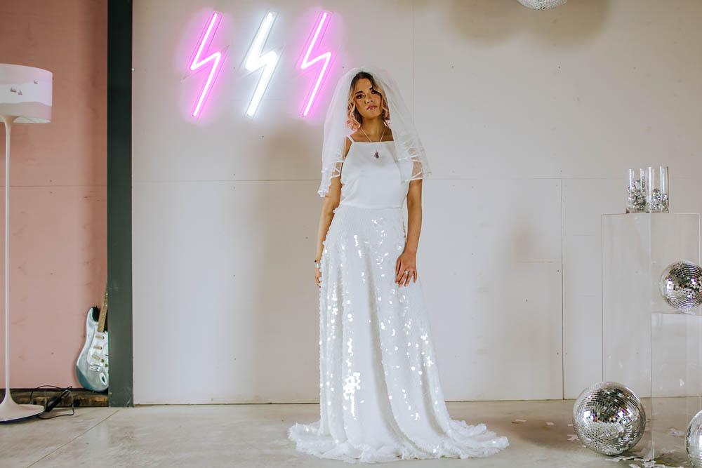 Bride Bridal Top Skirt Sequins Veil Lighting Neon Sign Giraffe Shed Wedding When Charlie Met Hannah