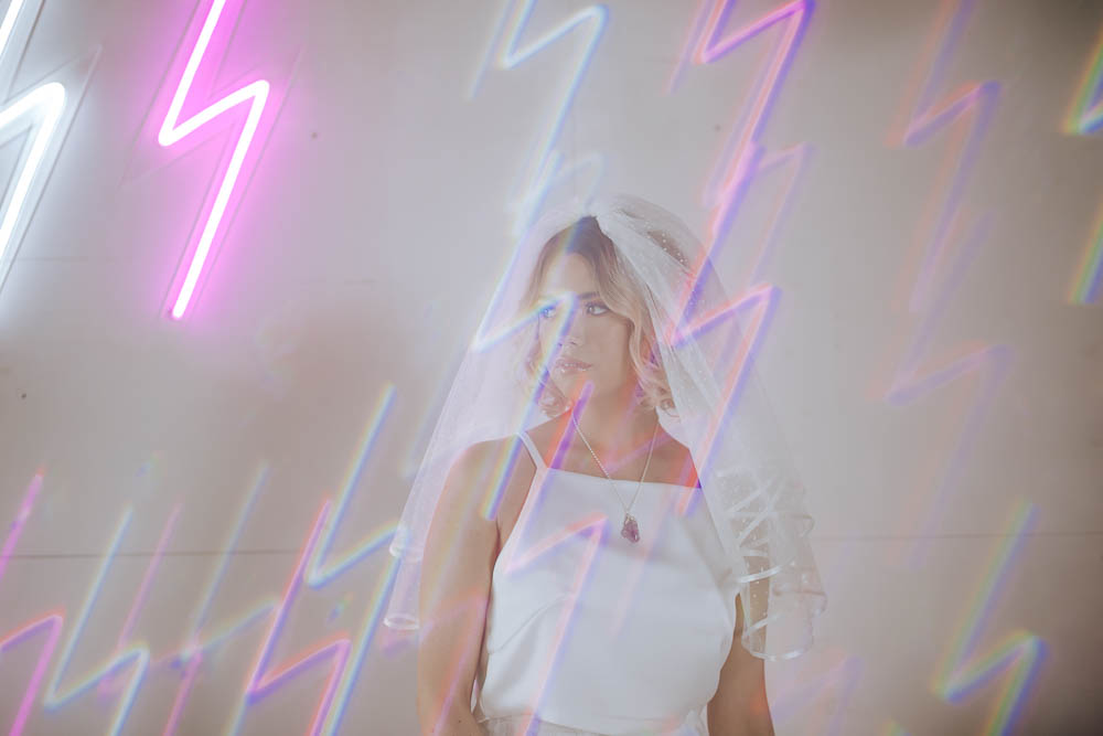Bride Bridal Top Skirt Sequins Veil Lighting Neon Sign Giraffe Shed Wedding When Charlie Met Hannah