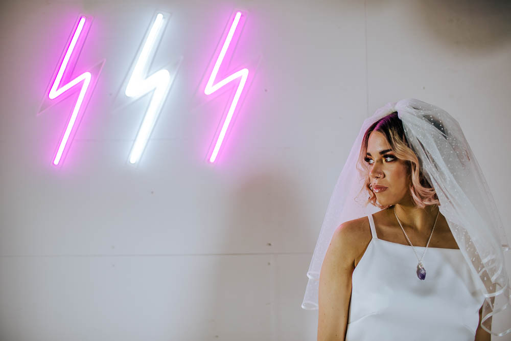 Bride Bridal Top Skirt Sequins Veil Lighting Neon Sign Giraffe Shed Wedding When Charlie Met Hannah