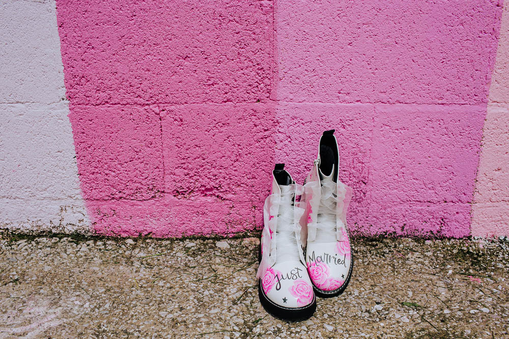 Pink Painted Doctor Martens DMs Bride Bridal Floral Giraffe Shed Wedding When Charlie Met Hannah