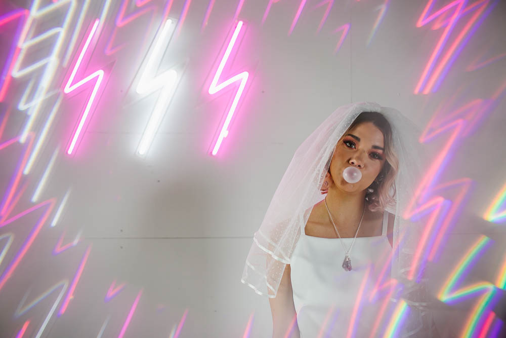 Bride Bridal Top Skirt Sequins Veil Lighting Neon Sign Giraffe Shed Wedding When Charlie Met Hannah