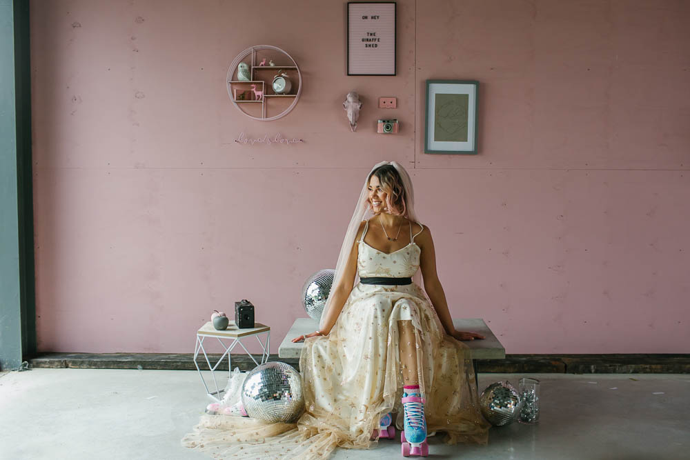Bride Bridal Dress Gown Celestial Stars Moons Gold Veil Giraffe Shed Wedding When Charlie Met Hannah