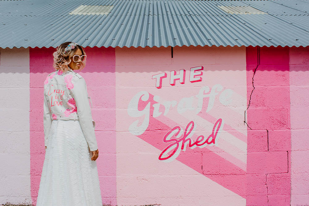 Pink Wall Bride Bridal Jacket Painted Personalised Floral Giraffe Shed Wedding When Charlie Met Hannah