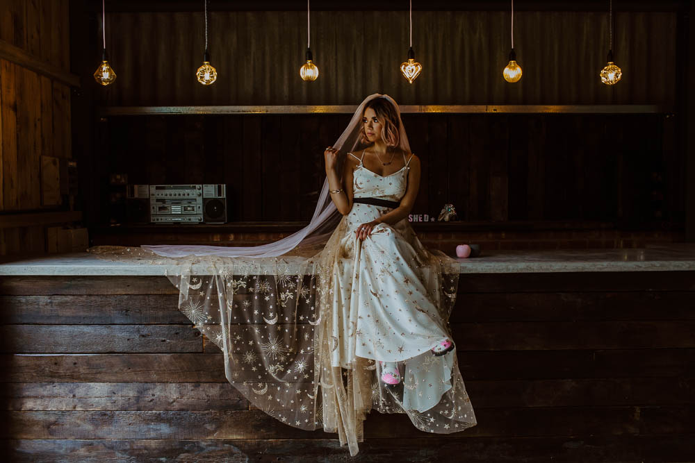 Bride Bridal Dress Gown Celestial Stars Moons Gold Veil Giraffe Shed Wedding When Charlie Met Hannah