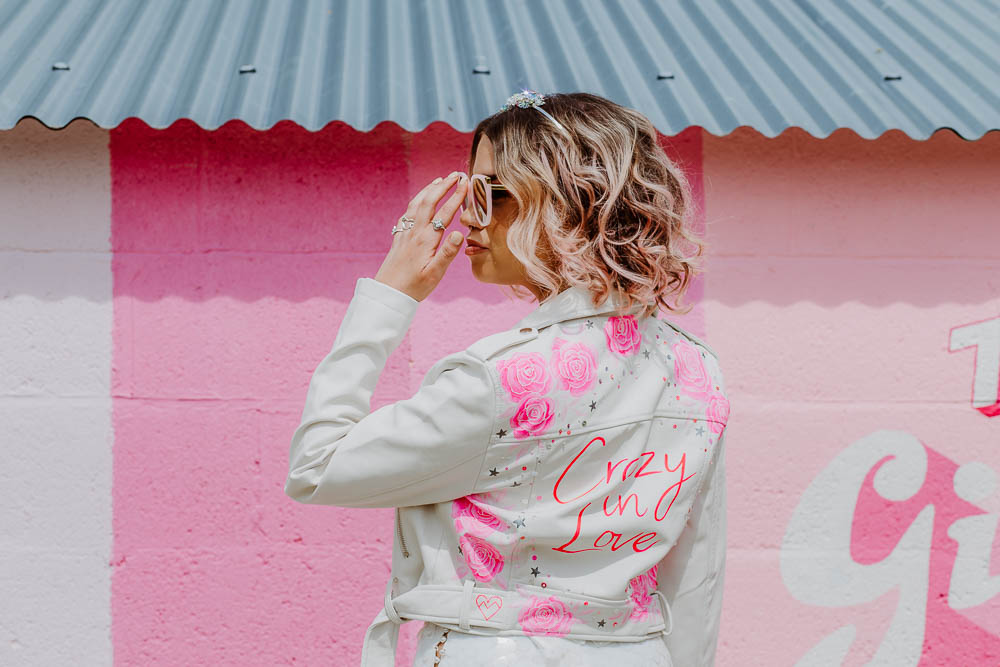 Pink Wall Bride Bridal Jacket Painted Personalised Floral Giraffe Shed Wedding When Charlie Met Hannah