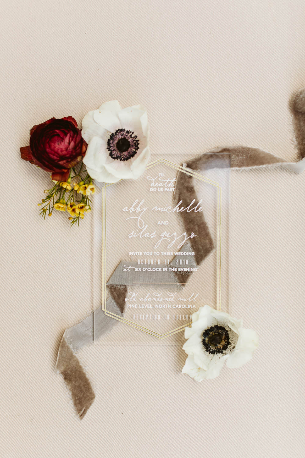 Glass Perspex Acrylic Clear Invite Invitation Stationery Halloween Wedding Ideas Megan Morales Photography