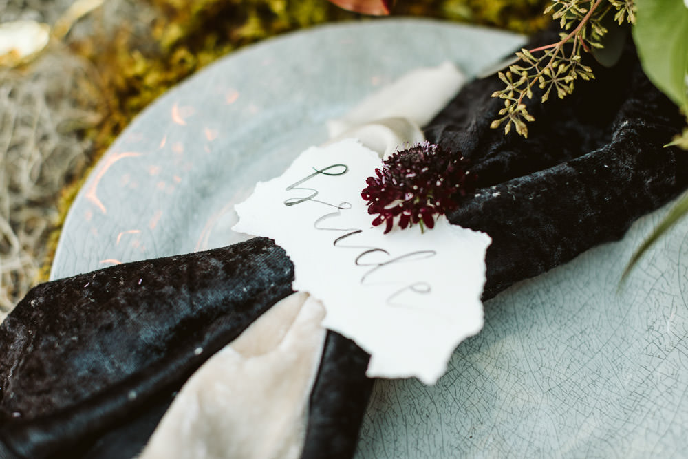 Place Setting Napkin Calligraphy Place Card Name Halloween Wedding Ideas Megan Morales Photography