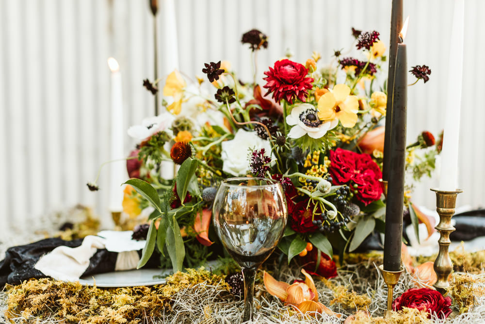 Table Flowers Centrepiece Anemone Amaranthus Ranunculus Greenery Foliage Red Burgundy Halloween Wedding Ideas Megan Morales Photography