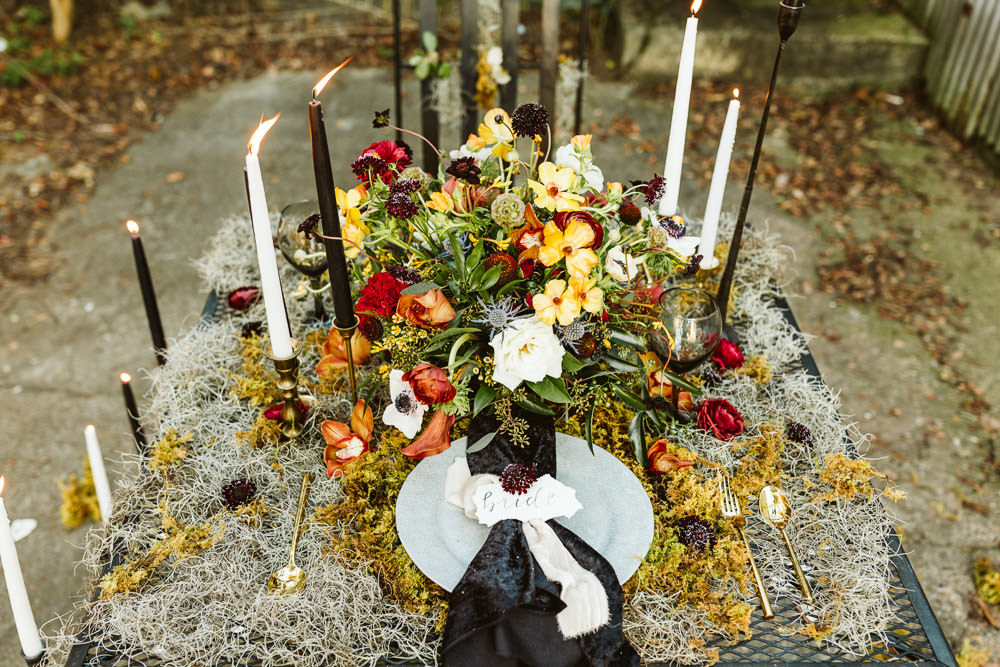 Sweetheart Table Tablescape Flowers Candles Halloween Wedding Ideas Megan Morales Photography