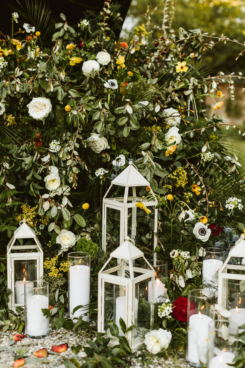 Decor Decoration Candles Flowers Centrepiece Anemone Ranunculus Greenery Foliage Red Burgundy Halloween Wedding Ideas Megan Morales Photography