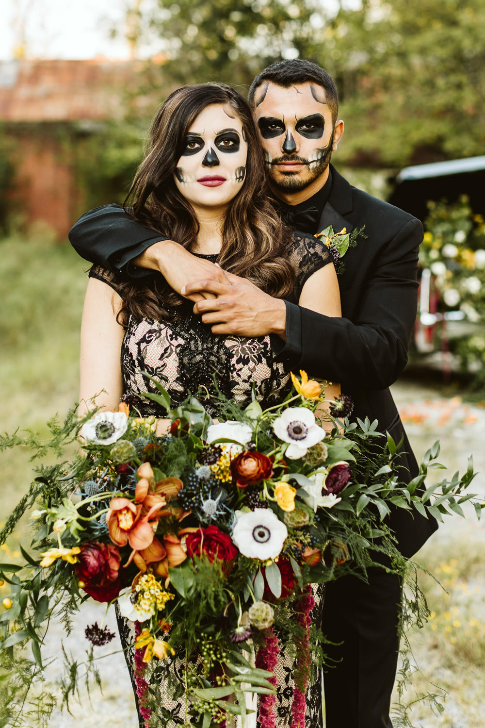 Bouquet Flowers Bride Bridal Anemone Amaranthus Ranunculus Greenery Foliage Red Burgundy Halloween Wedding Ideas Megan Morales Photography
