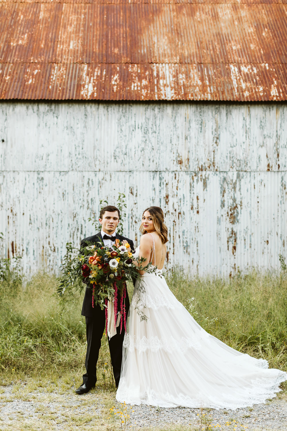Bride Bridal Dress Gown Lace Tier Straps Train Halloween Wedding Ideas Megan Morales Photography
