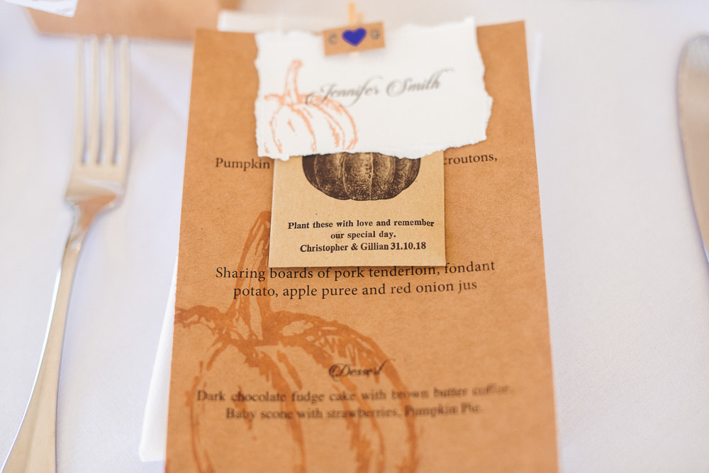 Pumpkin Stationery Menue Place Setting Halloween Wedding Nicola Casey Photography