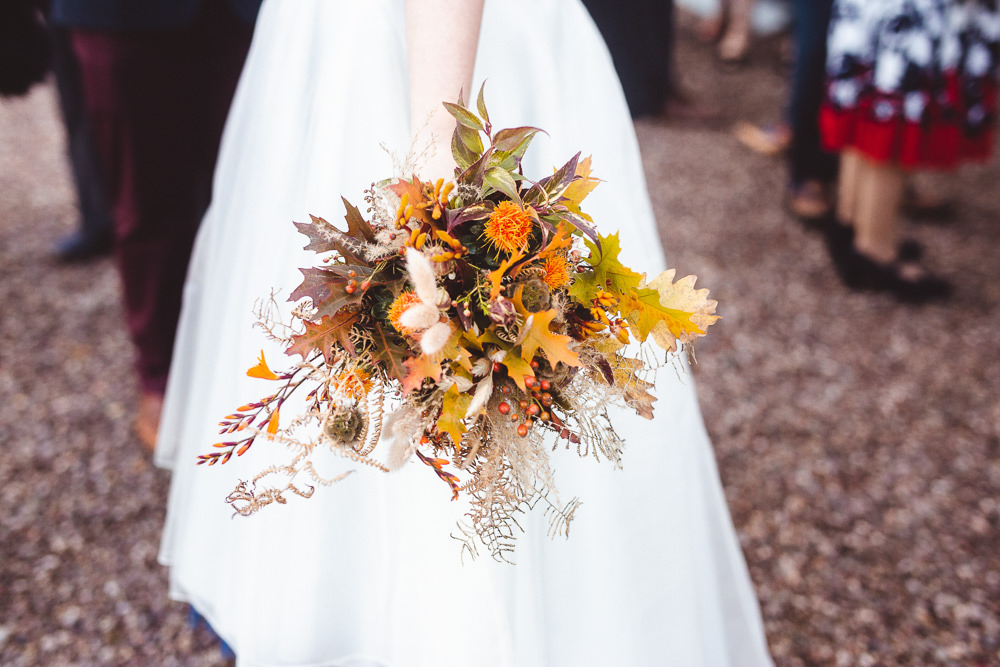Bouquet Flowers Bride Bridal Orange Leaf Leaves Autumn Seeds Greenery Foliage Halloween Wedding Nicola Casey Photography