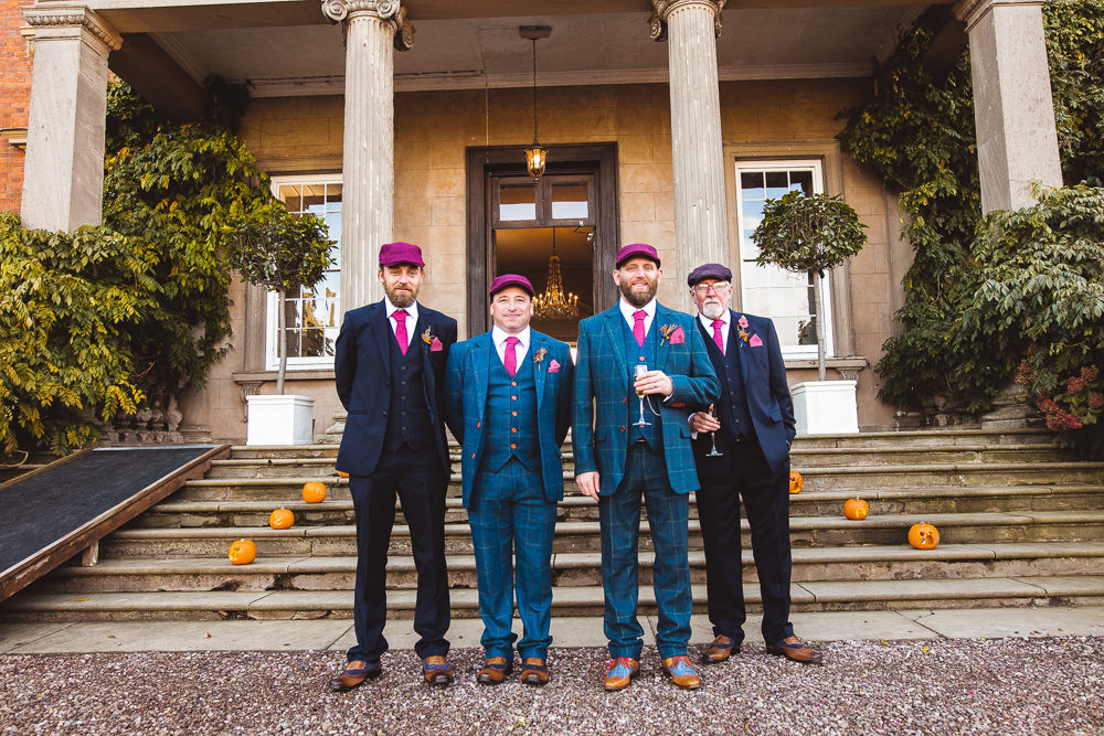 Groom Groomsmen Suit Check Blue Pink Tie Hat Halloween Wedding Nicola Casey Photography