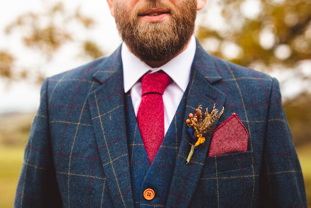 Groom Groomsmen Suit Check Blue Pink Tie Hat Buttonhole Halloween Wedding Nicola Casey Photography