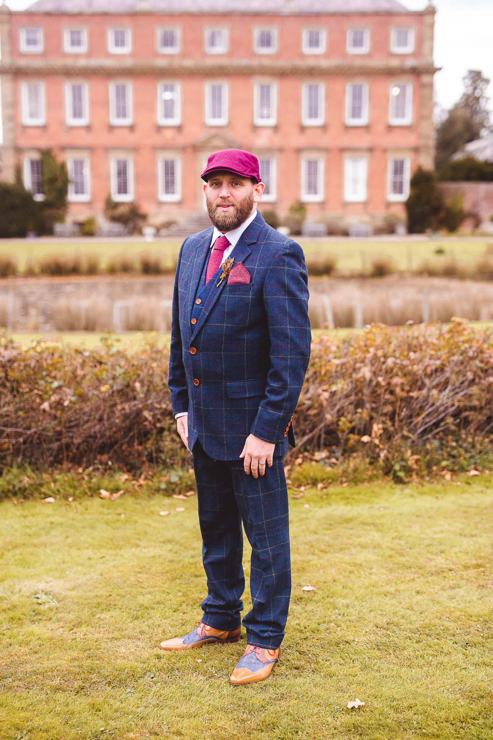 Groom Groomsmen Suit Check Blue Pink Tie Hat Halloween Wedding Nicola Casey Photography