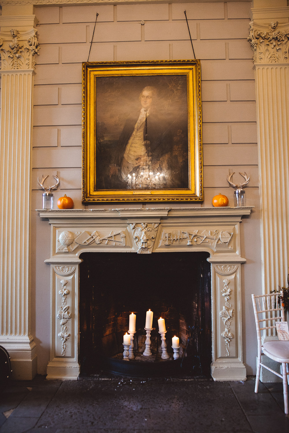 Fireplace Candles Pumpkins Halloween Wedding Nicola Casey Photography