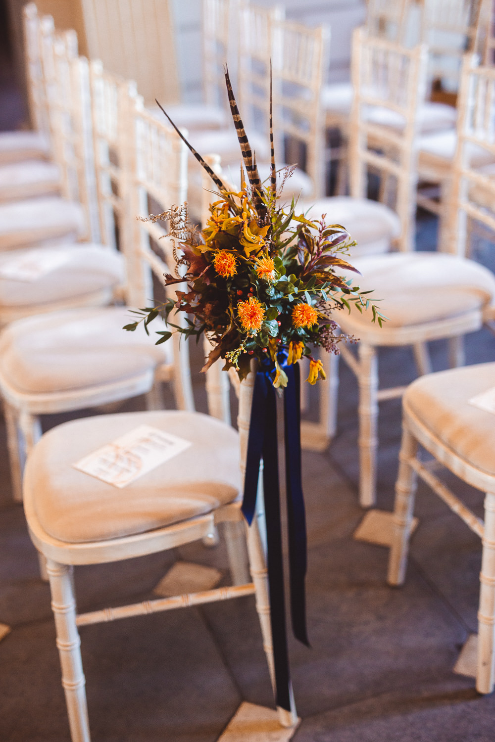 Chair Flowers Aisle Pew End Feather Ribbon Orange Halloween Wedding Nicola Casey Photography