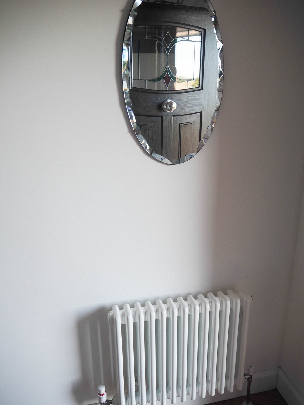 Hallway Renovation 1930s Column Radiator Vintage Oval Mirror Oak Parquet Herringbone Floor