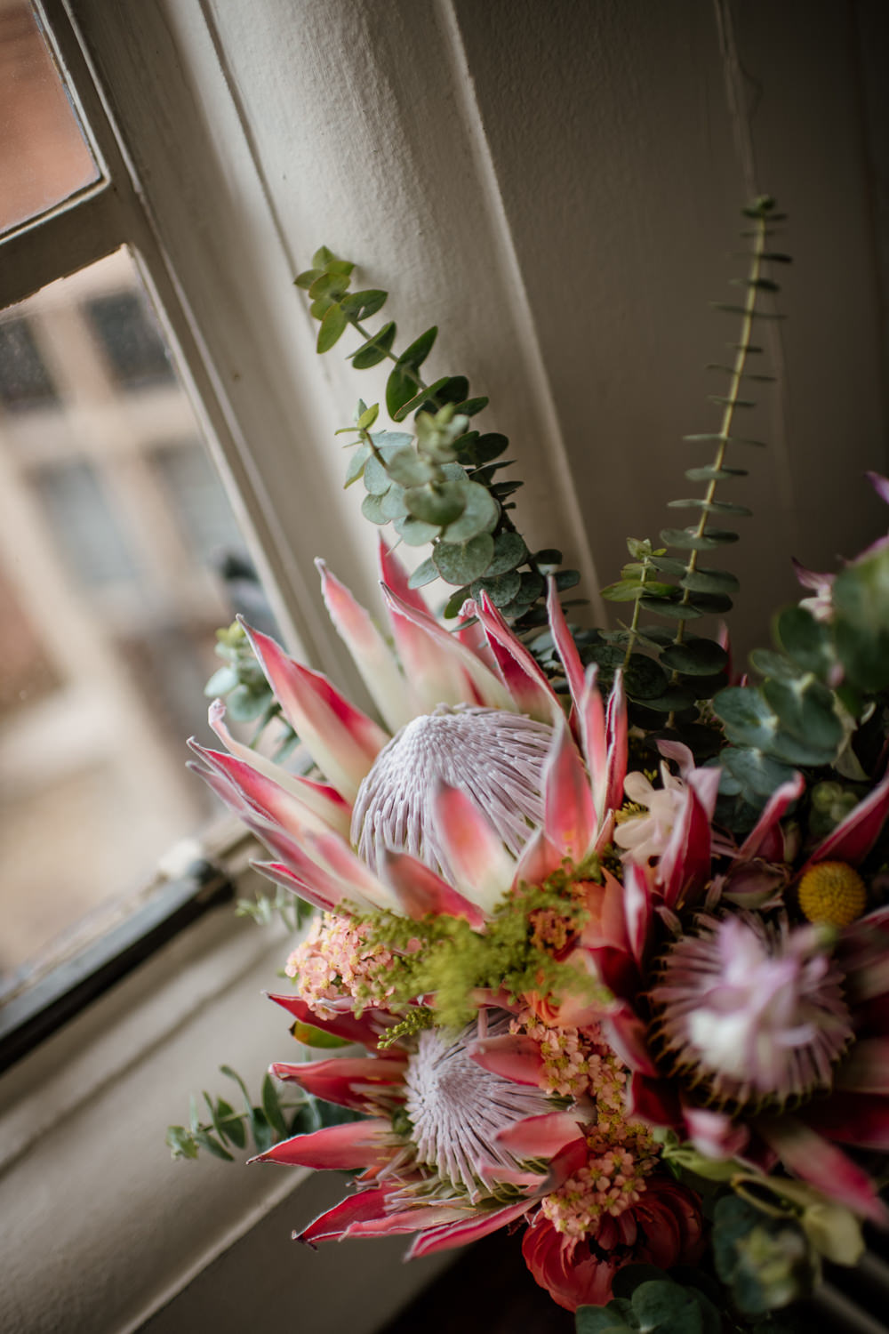 Bouquet Flowers Bride Bridal King Protea Craspedia Eucalyptus Henry Moore Wedding Ellie Gillard Photography