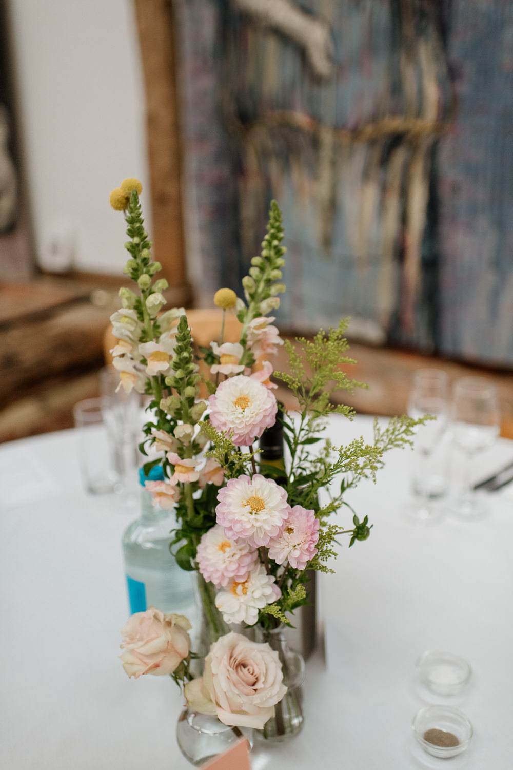 Bottle Flowers Centrepiece Henry Moore Wedding Ellie Gillard Photography