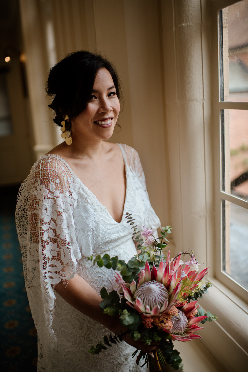 Bouquet Flowers Bride Bridal King Protea Craspedia Eucalyptus Henry Moore Wedding Ellie Gillard Photography