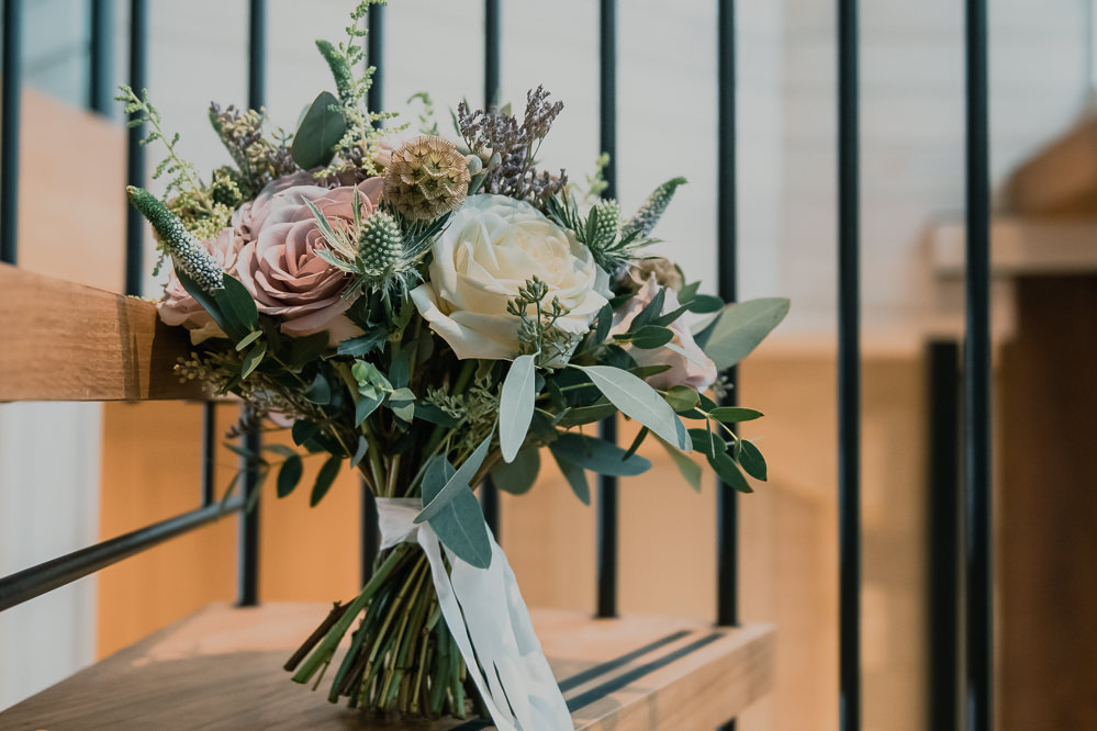 Bride Bridal Bouquet Rose Pink Cream Eucalyptus Sea Holly Hexham Winter Gardens Wedding Leighton Bainbridge Photography