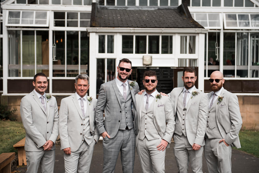 Groom Groomsmen Grey Three Piece Suit Waistcoat Tie Hexham Winter Gardens Wedding Leighton Bainbridge Photography