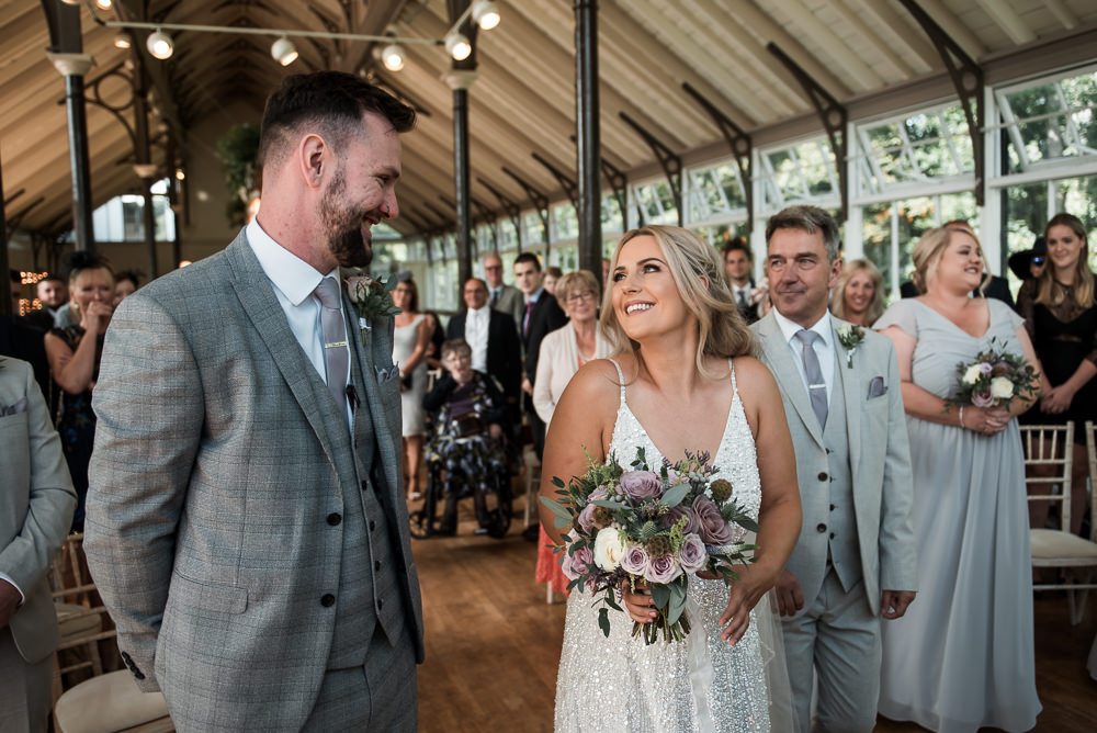 Bride Bridal Strappy Sparkly Sequin V Neck White ASOS Dress Gown Grey Checked Suit Three Piece Waistcoat Groom Bouquet Hexham Winter Gardens Wedding Leighton Bainbridge Photography