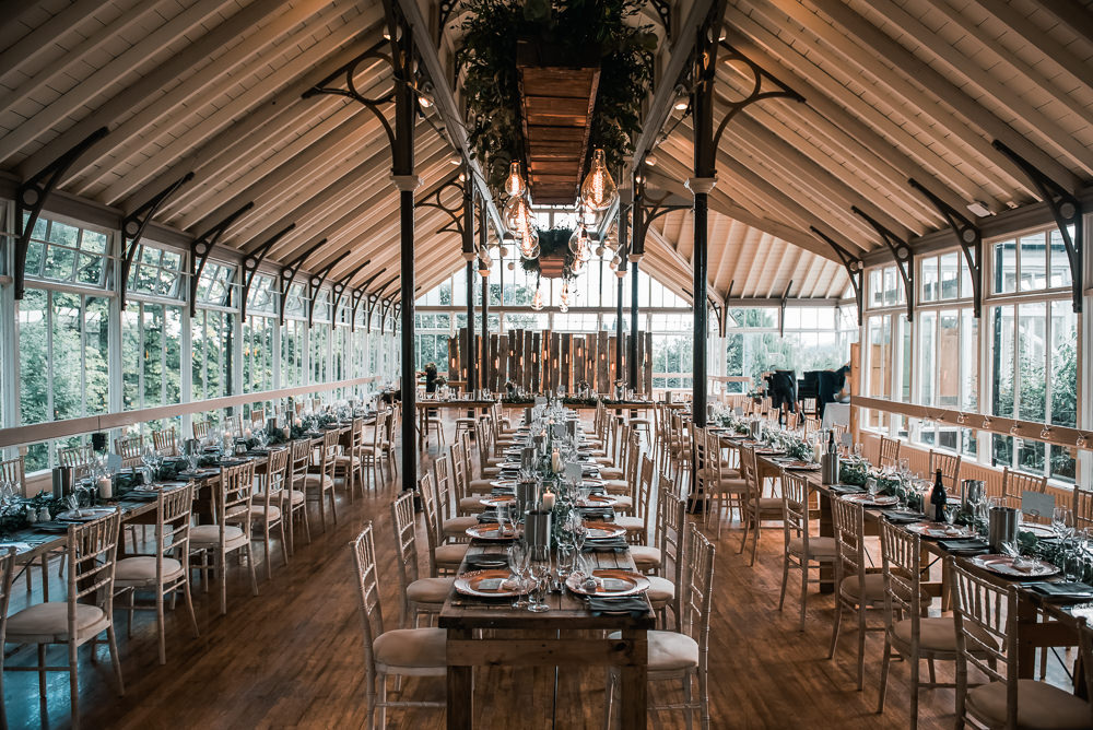 Glasshouse Dining Layout Greeenery Hexham Winter Gardens Wedding Leighton Bainbridge Photography