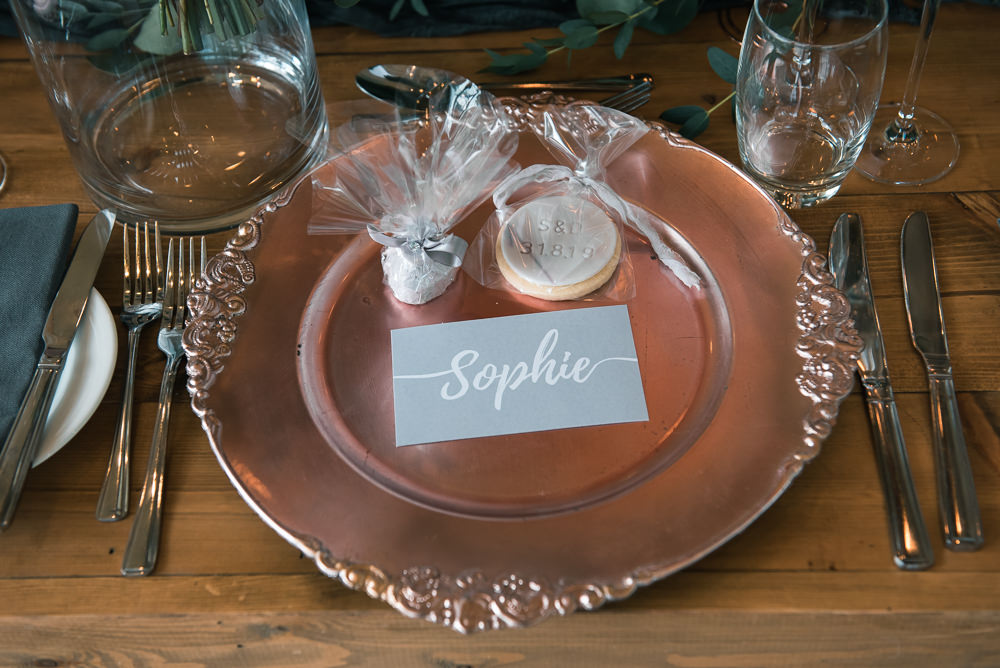 Place Setting Charger Plates Handmade Biscuit Favours Table Hexham Winter Gardens Wedding Leighton Bainbridge Photography