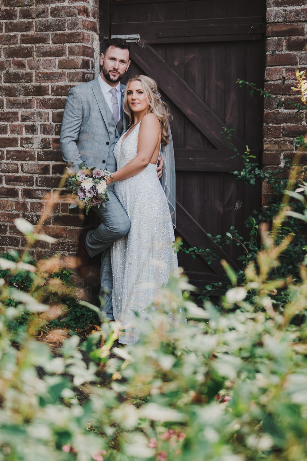 Bride Bridal Strappy Sparkly Sequin V Neck White ASOS Dress Gown Grey Checked Suit Three Piece Waistcoat Groom Hexham Winter Gardens Wedding Leighton Bainbridge Photography