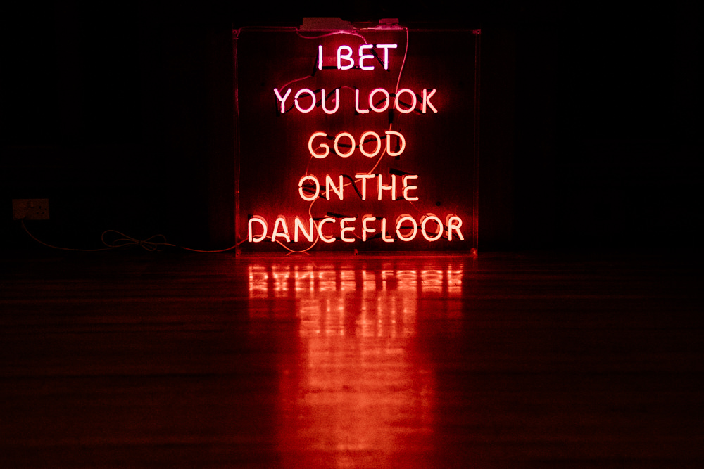 I Bet You Look Good on the Dancefloor Neon Sign Dance Floor Hexham Winter Gardens Wedding Leighton Bainbridge Photography