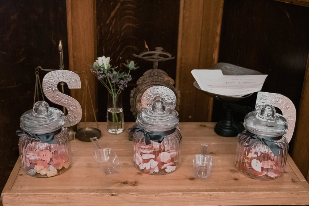 Sweet Sweetie Table Scales Initials Vintage Jars Hexham Winter Gardens Wedding Leighton Bainbridge Photography