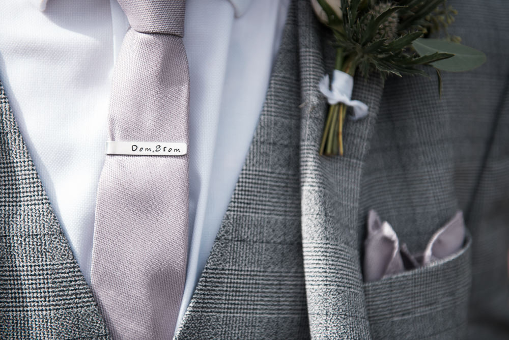 Tie Pin Slide Groom Three Piece Suit Waistcoat Groom Pocket Square Hexham Winter Gardens Wedding Leighton Bainbridge Photography
