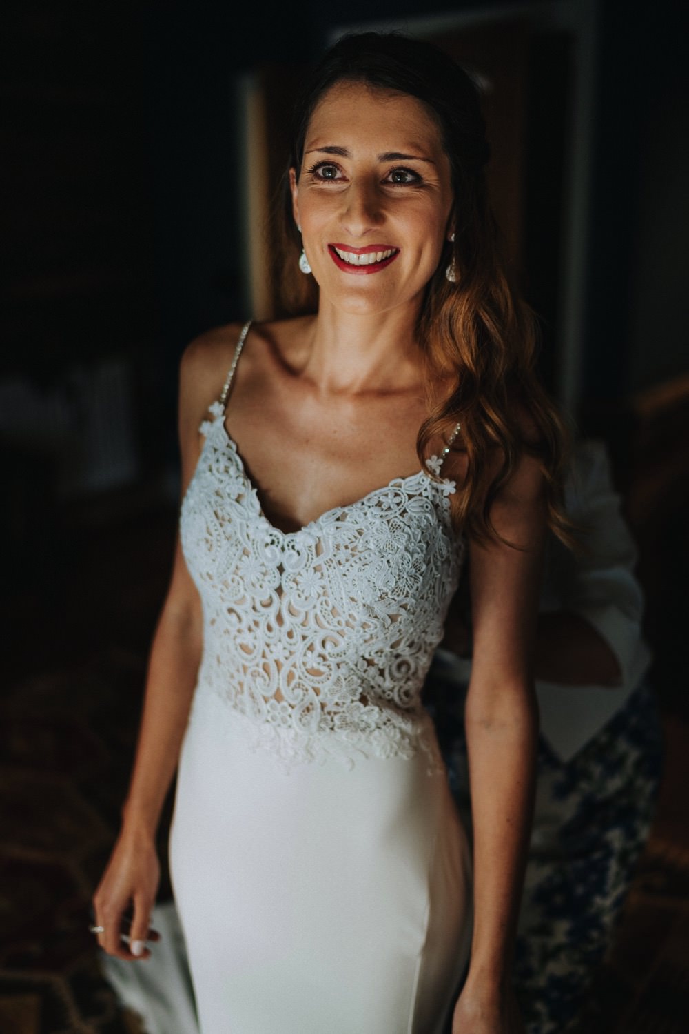 Bride Bridal Enzoani Fishtail Dress Gown Lace V Neck Strappy High Barn Wedding Edenhall Bloom Weddings