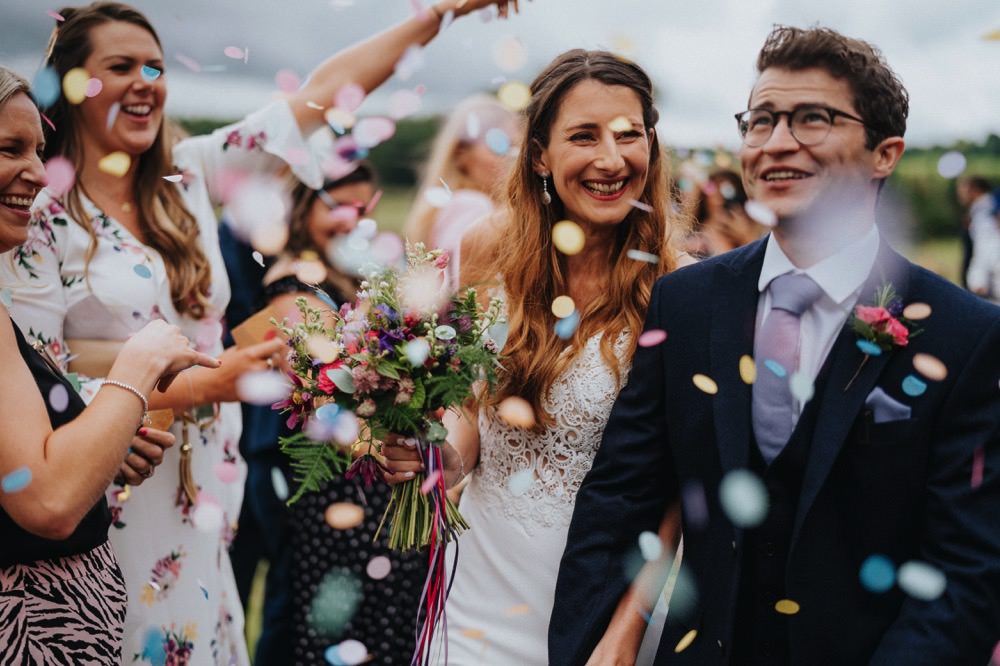 Bride Bridal Enzoani Fishtail Dress Gown Lace V Neck Strappy Waistcoat Groom Confetti Bouquet Ribbon High Barn Wedding Edenhall Bloom Weddings
