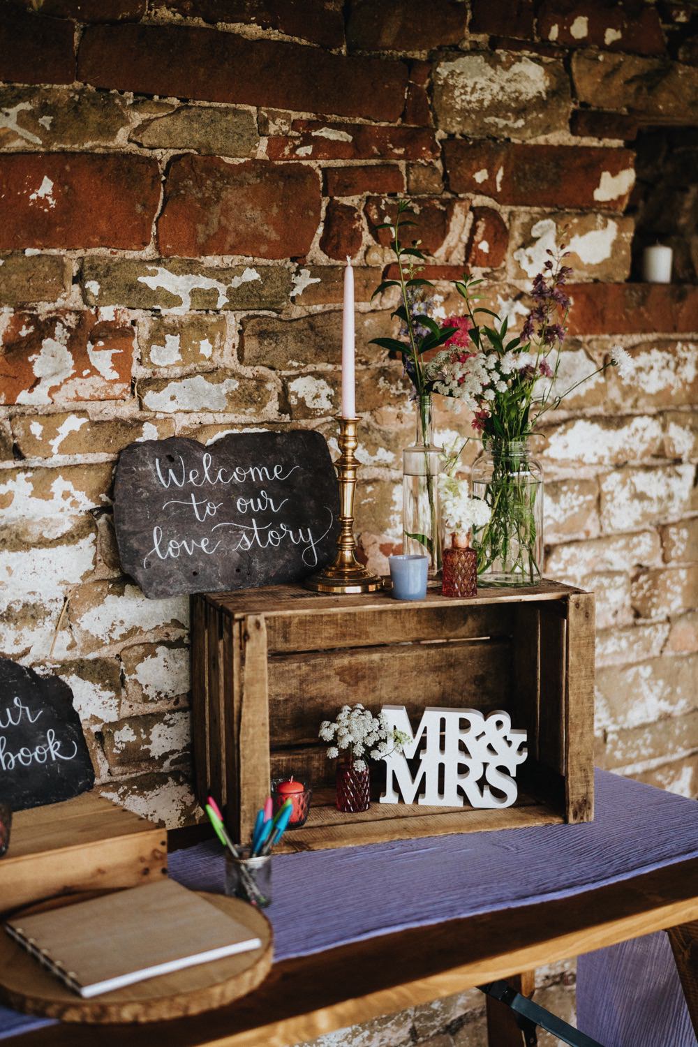 Welcome Sign Chalkboard Wooden Crate Candle Candlestick Florals Mr & Mrs High Barn Wedding Edenhall Bloom Weddings