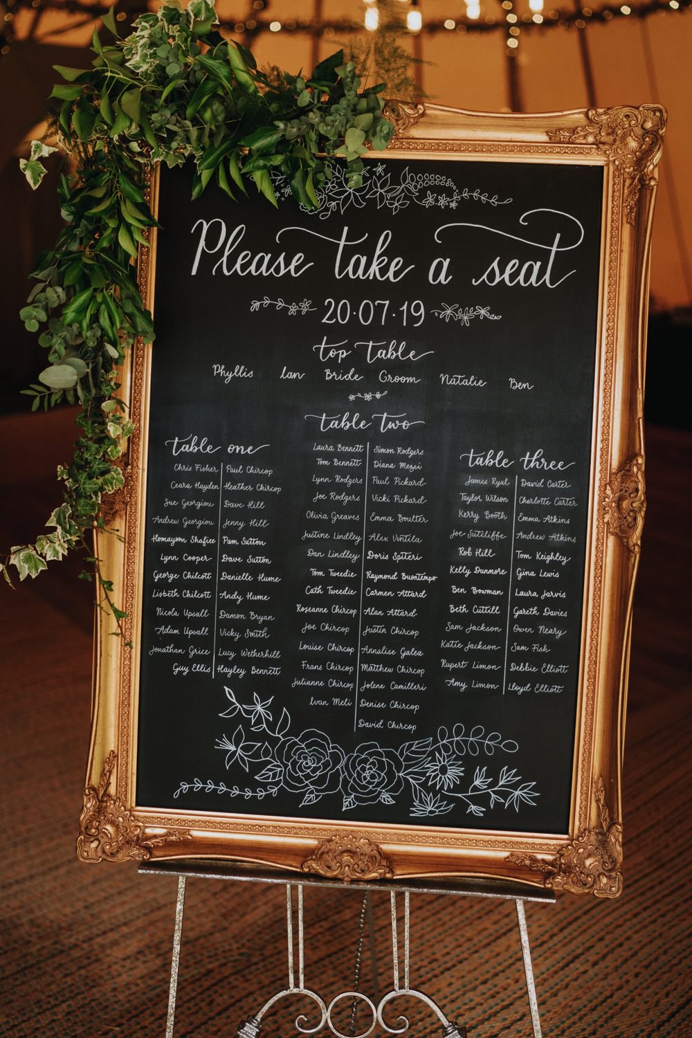 Table Plan Seating Chart Chalkboard Gold Frame Foliage High Barn Wedding Edenhall Bloom Weddings