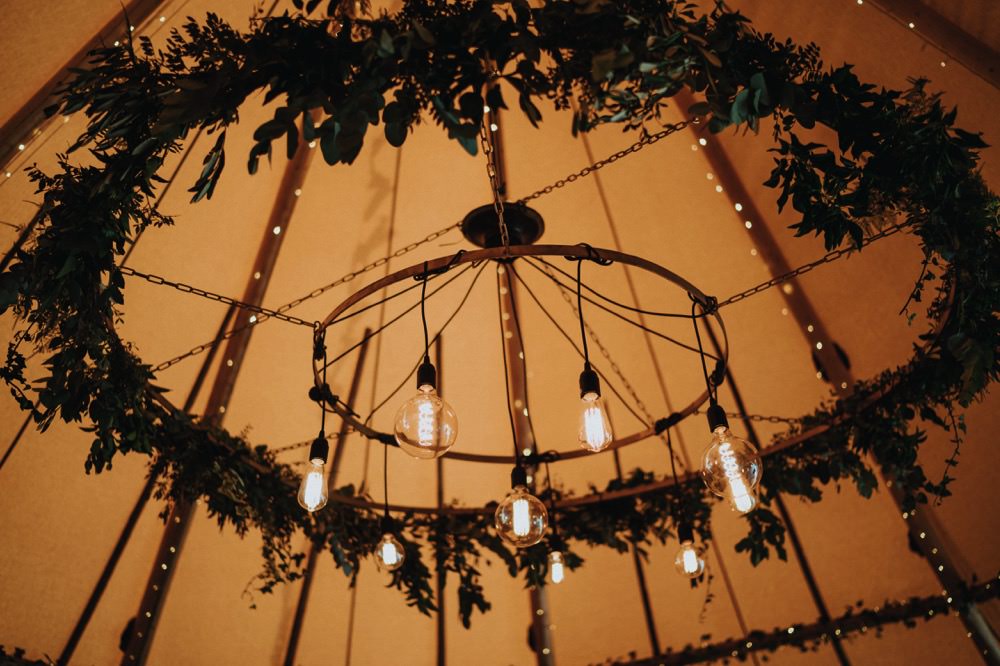 Hanging Foliage Hoop Edison Bulb Installation Chandelier High Barn Wedding Edenhall Bloom Weddings
