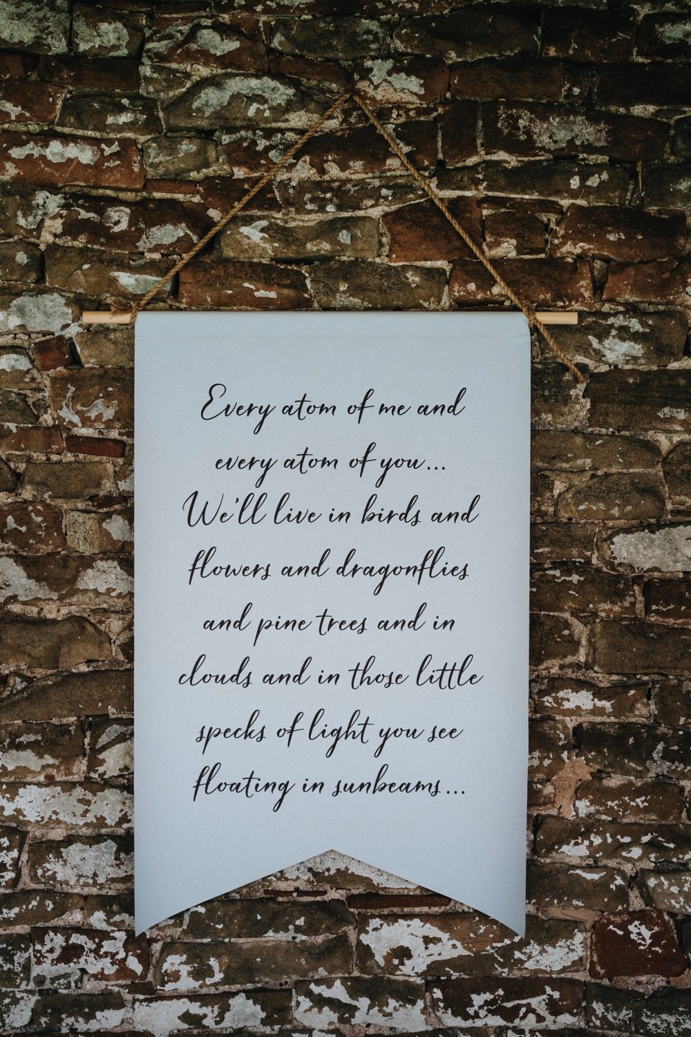 Amber Spyglass Reading Banner Hanging High Barn Wedding Edenhall Bloom Weddings