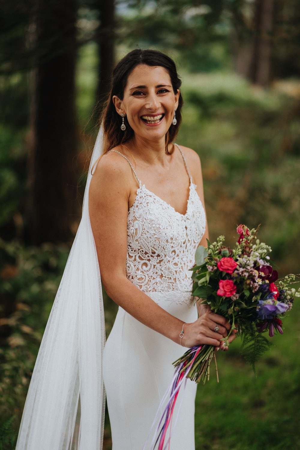 Bride Bridal Enzoani Fishtail Dress Gown Lace V Neck Strappy Veil Bouquet High Barn Wedding Edenhall Bloom Weddings