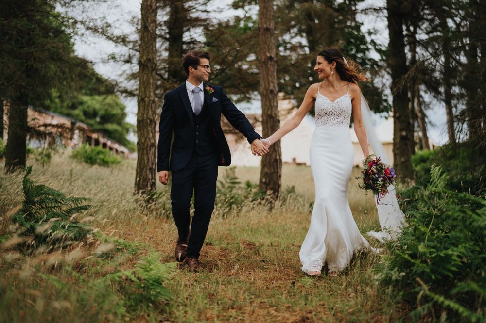 Bride Bridal Enzoani Fishtail Dress Gown Lace V Neck Strappy Waistcoat Groom Veil Bouquet High Barn Wedding Edenhall Bloom Weddings