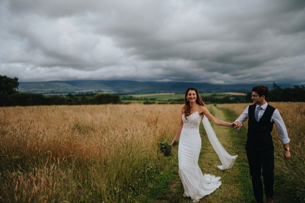 Bride Bridal Enzoani Fishtail Dress Gown Lace V Neck Strappy Waistcoat Groom Veil High Barn Wedding Edenhall Bloom Weddings