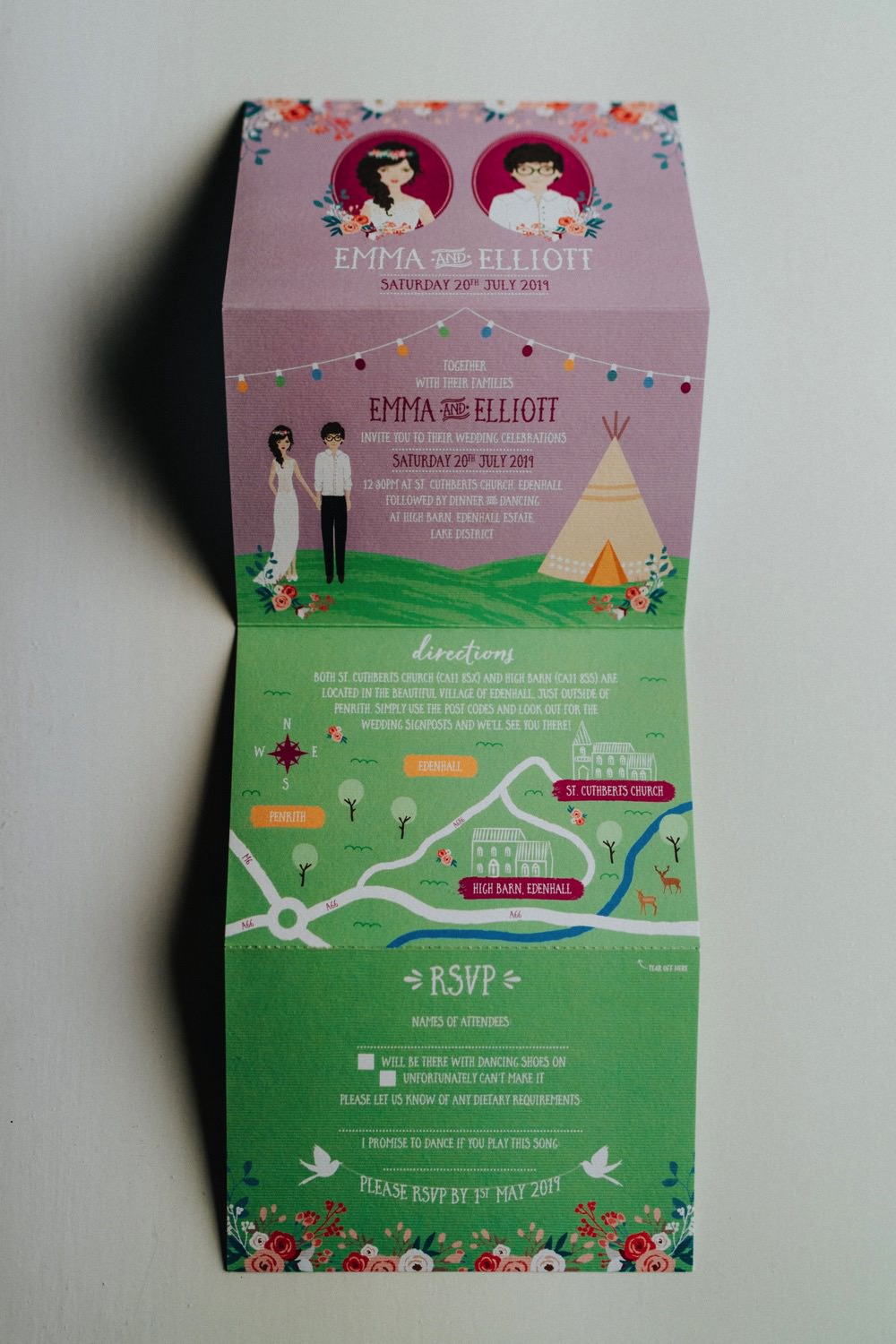 Stationery Invitation Fold Out Illustrated High Barn Wedding Edenhall Bloom Weddings