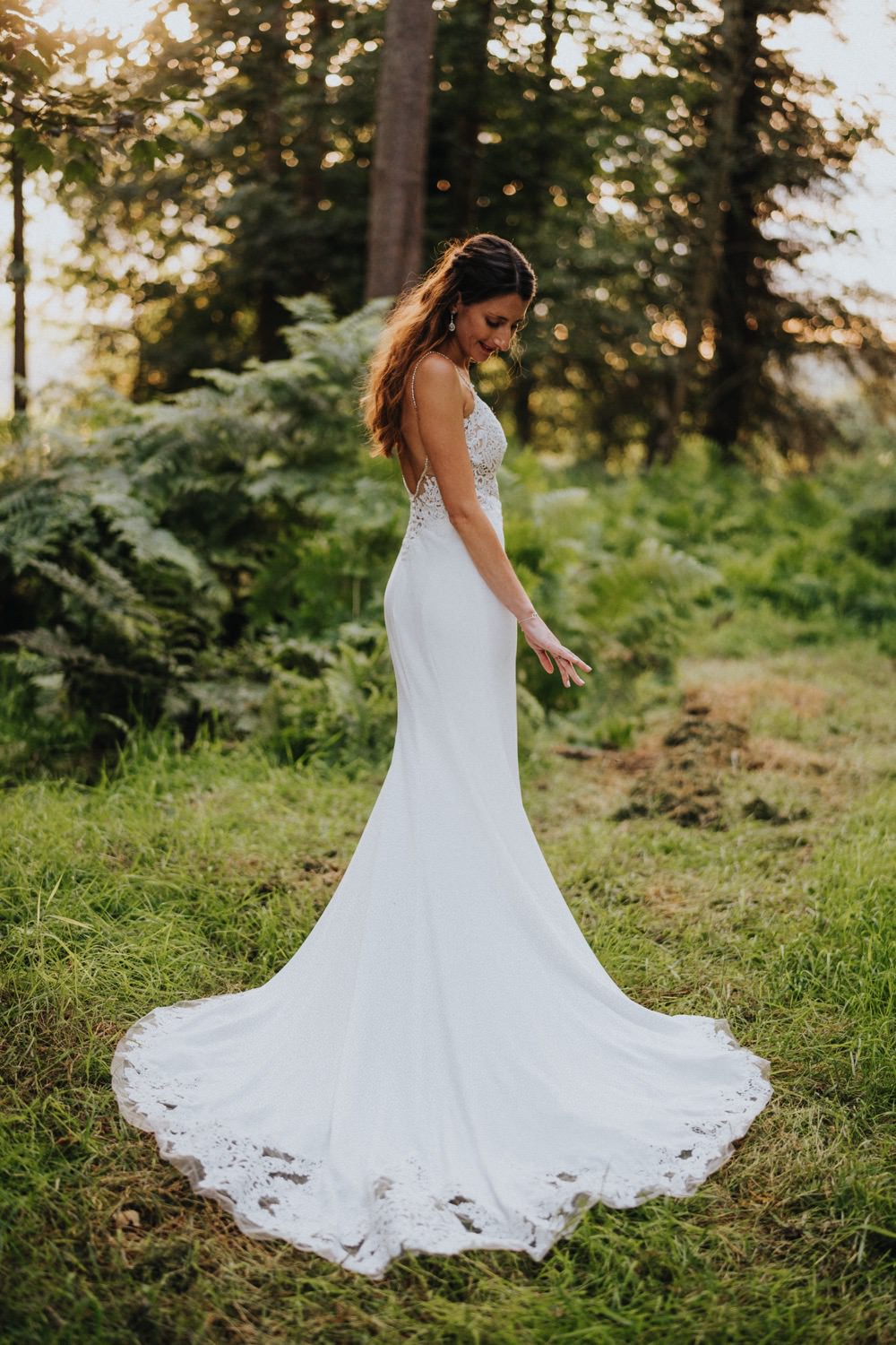 Bride Bridal Enzoani Fishtail Dress Gown Lace V Neck Strappy High Barn Wedding Edenhall Bloom Weddings