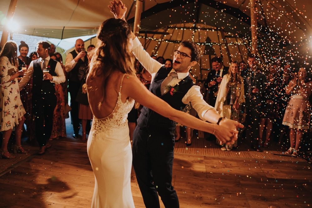 Bride Bridal Enzoani Fishtail Dress Gown Lace V Neck Strappy Waistcoat Groom Tipi First Dance Confetti High Barn Wedding Edenhall Bloom Weddings